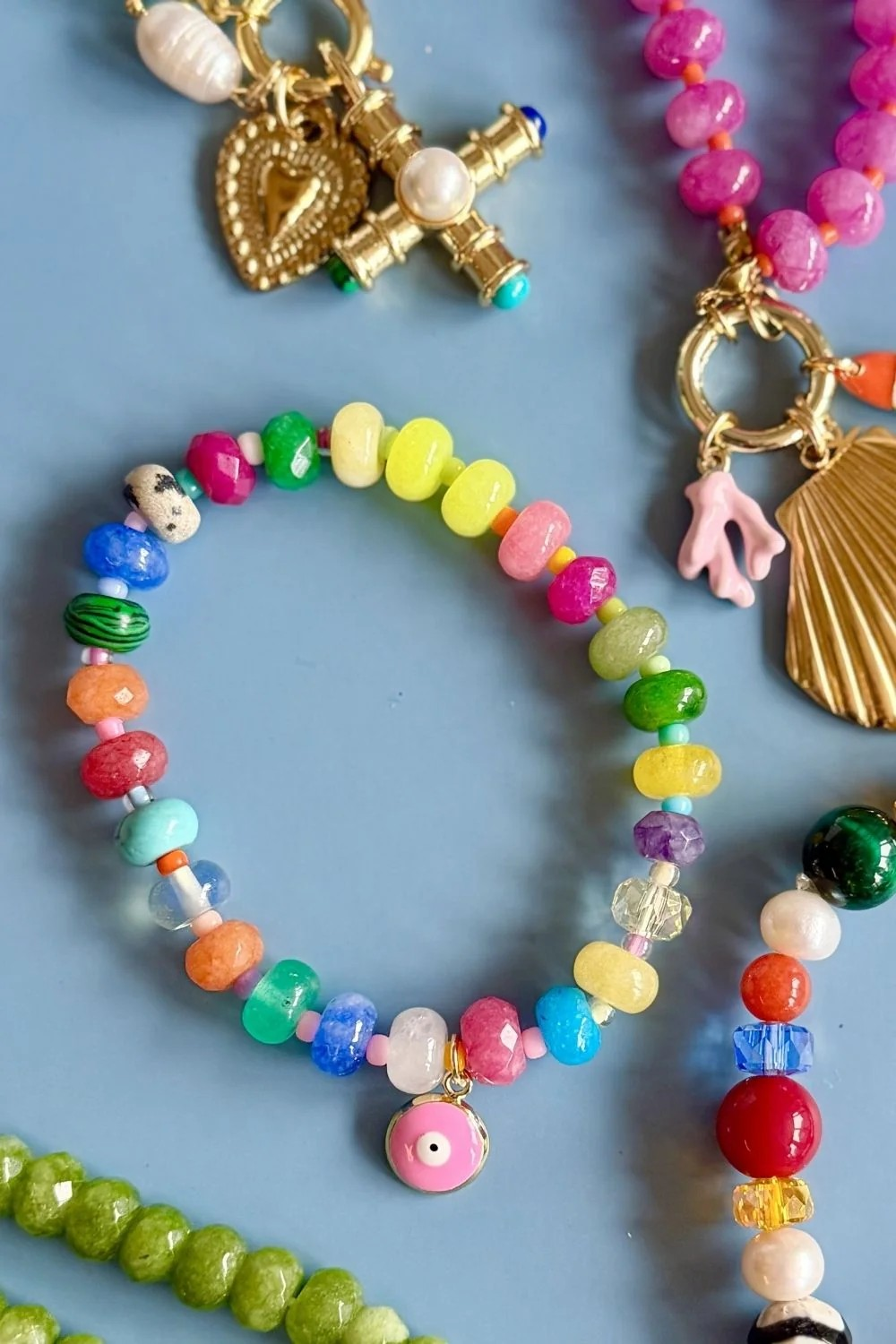 Mosk Melbourne multicoloured beaded bracelet with evil eye