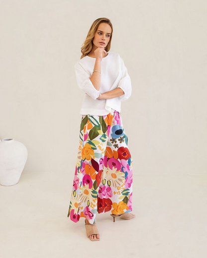 Kaleido 100% Linen Elastic Waist Split Leg Pant - Bloom Burst