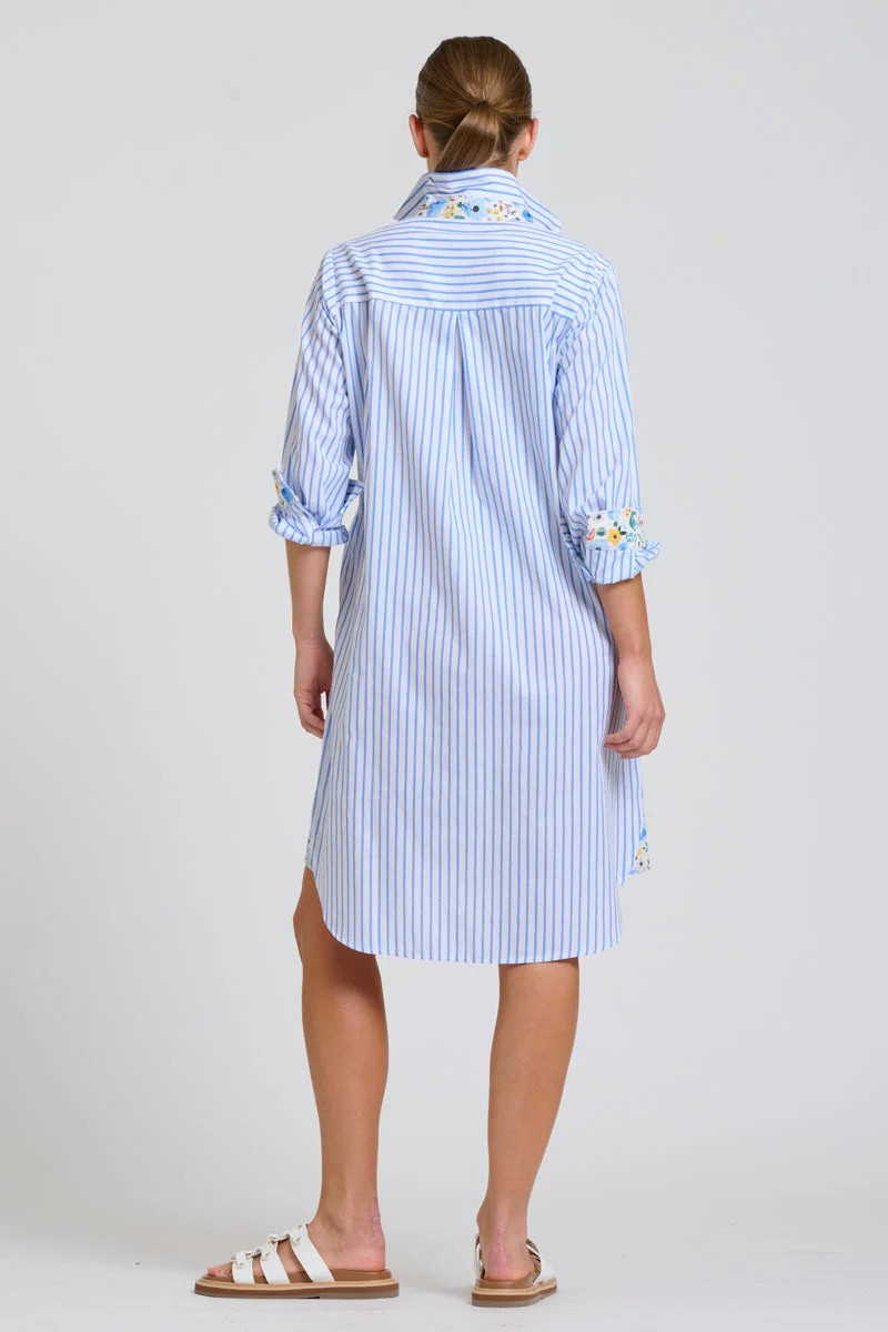 Shirty Popover Shirtdress - White with Blue Stripe Floral Trim