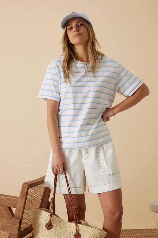 Ceres Life Stevie Slouchy Tee - Powder blue/sunny yellow stripe