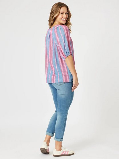 Threadz Bloom Stripe Top Indigo Pink