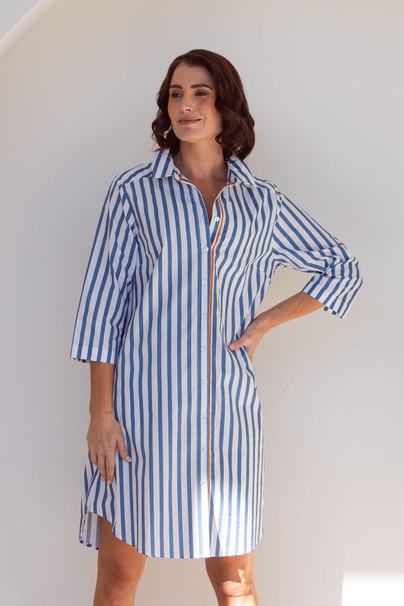 100% cotton shirtmaker dress featuring Denim and White stripes