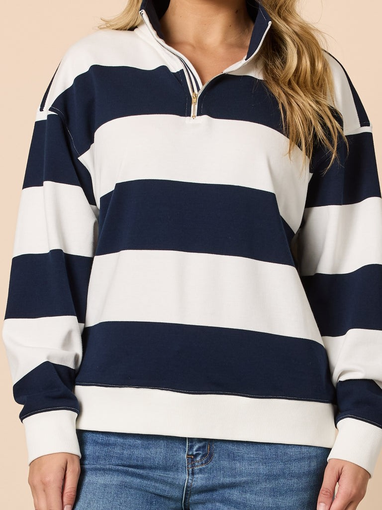Threadz Varsity Stripe Quarter Zip Sweatshirt - Navy/ Ivory