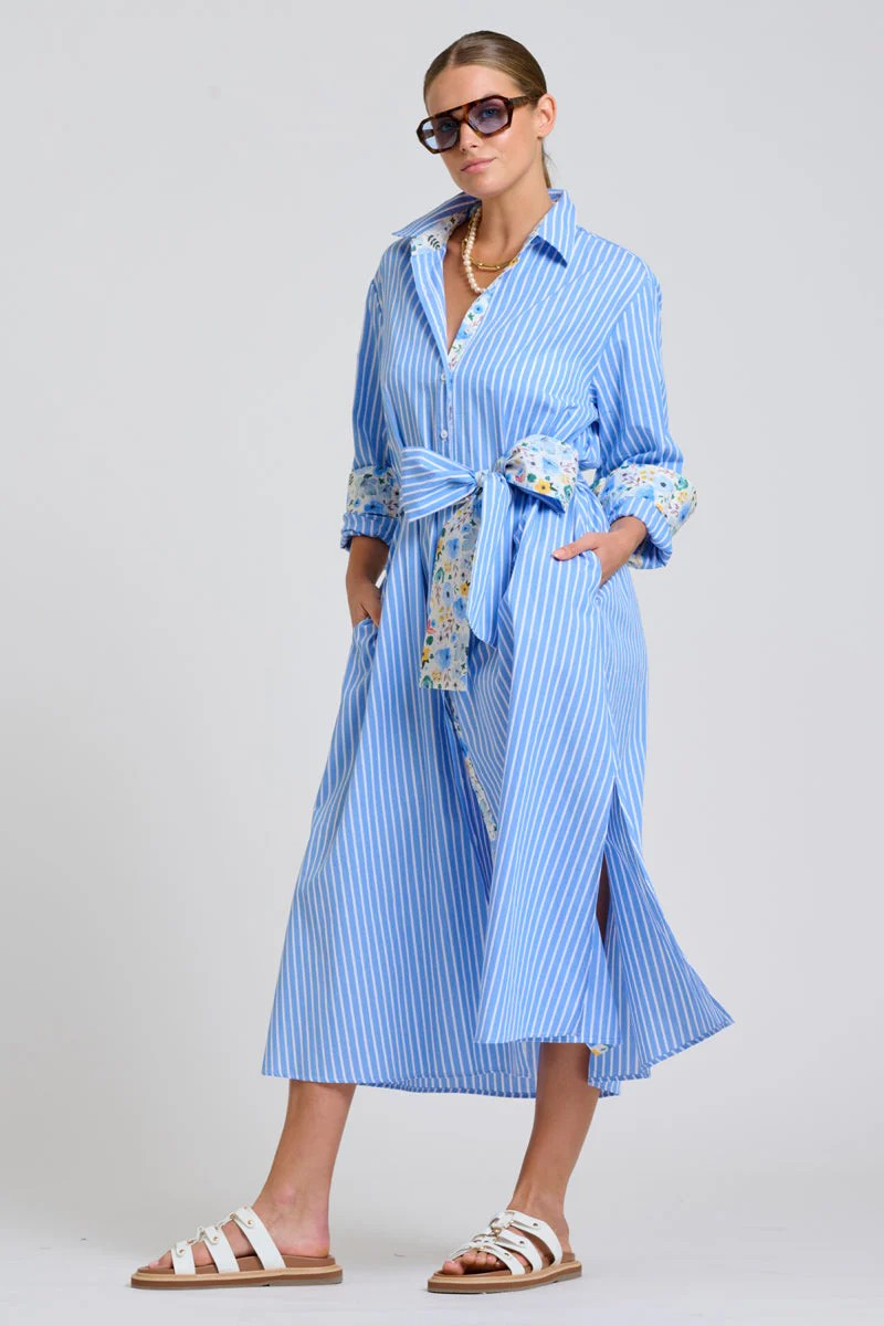 Shirty Luna Oversized Long Line Shirt Dress - Blue Stripe Floral Trim