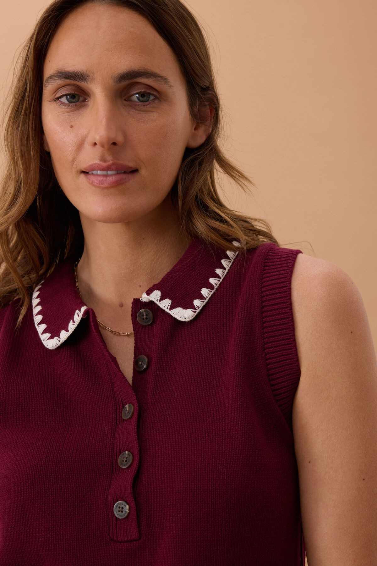 Ceres Life Cora Collared Button Knit - Pomegranate