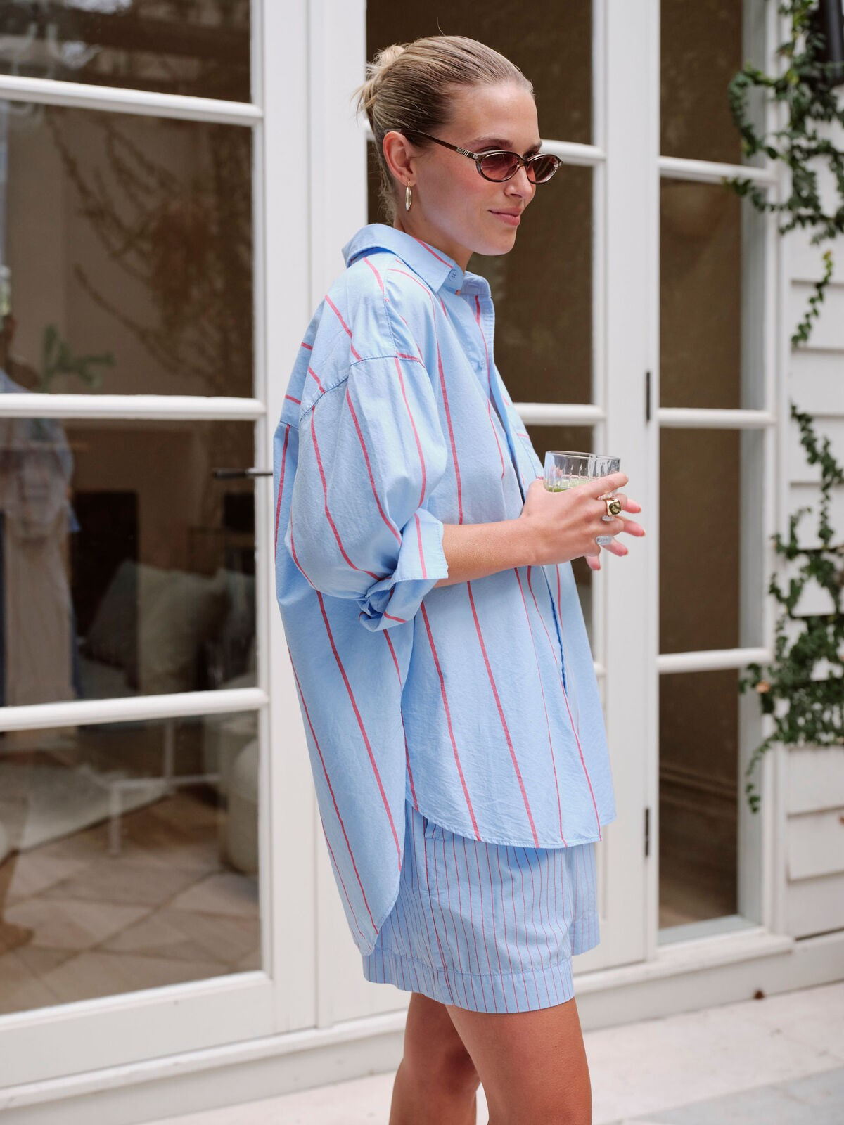 Ceres Life Peta Oversized Shirt - Fresh Blue/Red Mini Stripe