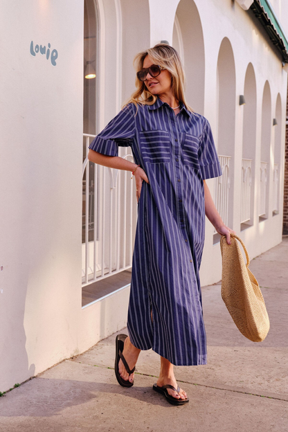 Ceres Life Samara Midi Shirt Dress - Prussian Blue Stripe