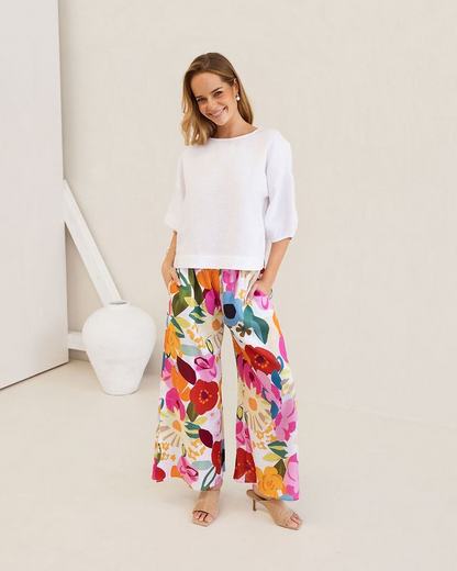 Kaleido 100% Linen Elastic Waist Split Leg Pant - Bloom Burst