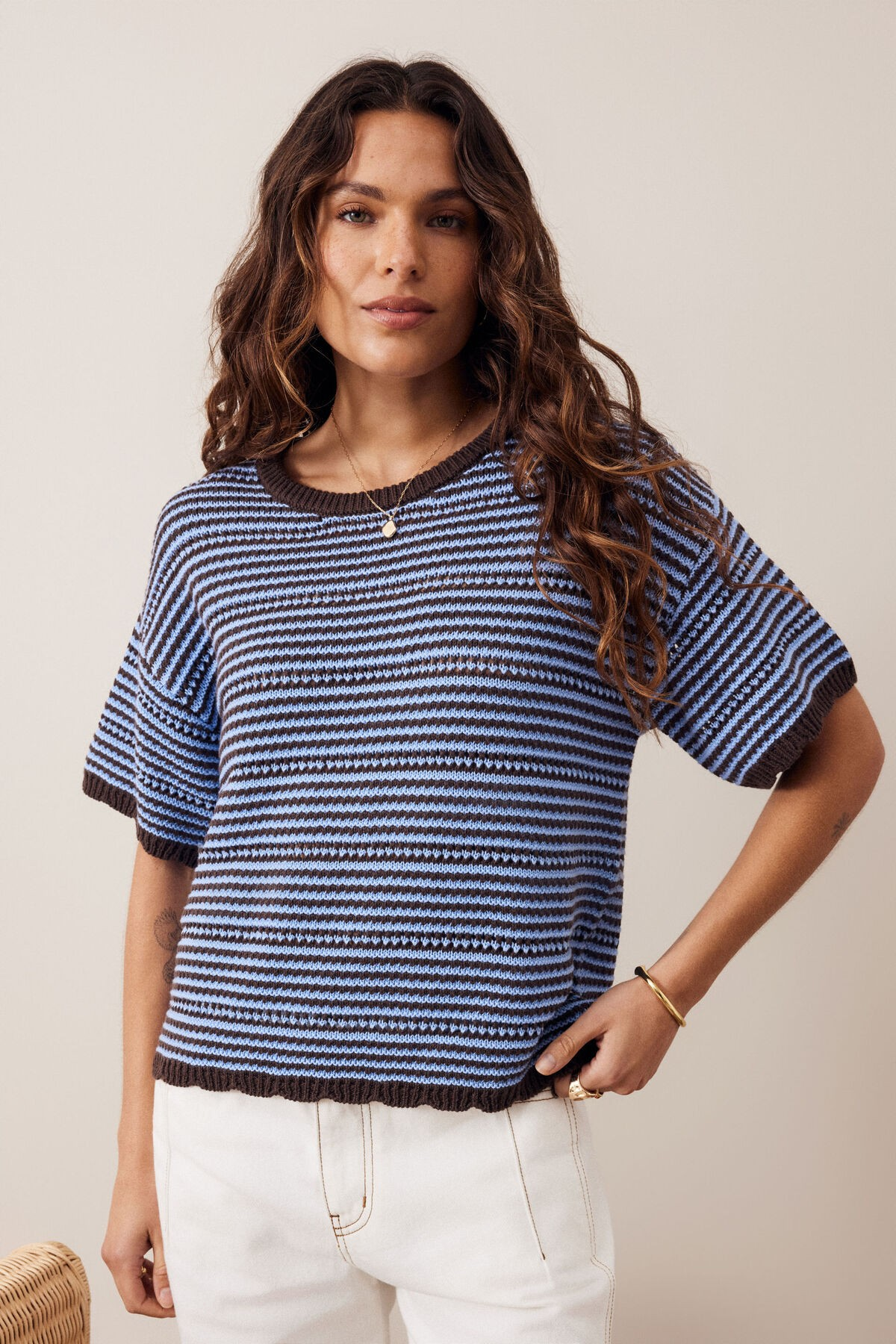 Ceres Life Nina Boxy Knit Tee - Brunette Sky / Blue Stripe