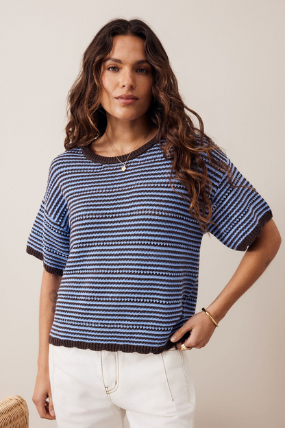 Ceres Life Nina Boxy Knit Tee - Brunette Sky / Blue Stripe
