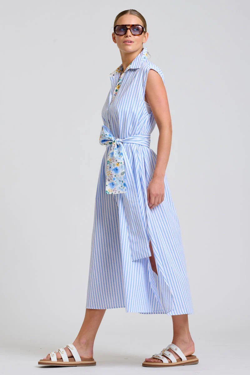 Shirty Sloane Oversized Sleeveless Shirt Dress - White with Blue Stripe Floral Trim