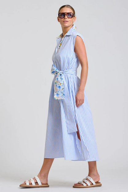 Shirty Sloane Oversized Sleeveless Shirt Dress - White with Blue Stripe Floral Trim