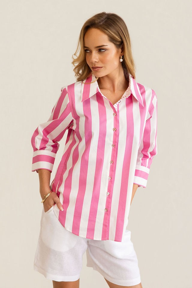 Kaleido 100% Cotton 3/4 Sleeve Classic Shirt - Pink Block Stripe