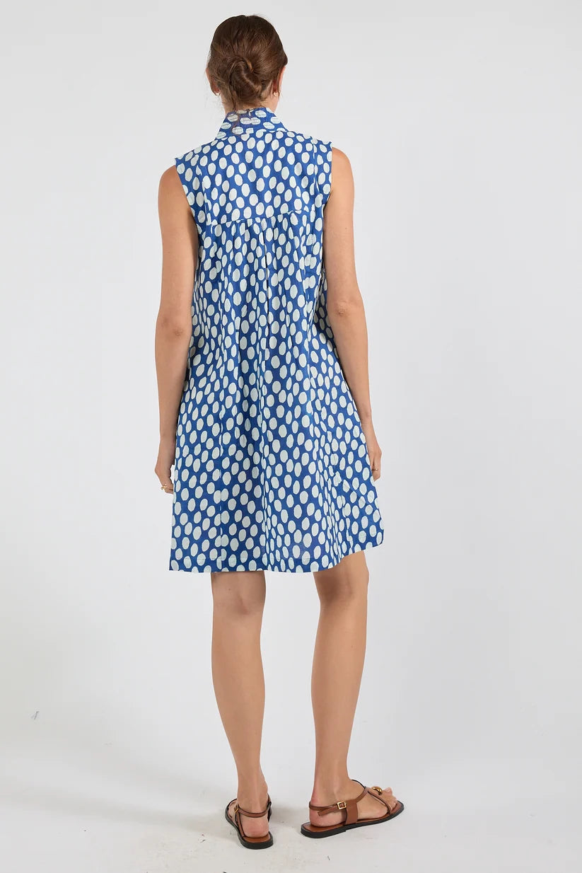 Blue and White Polka Dot Print Cotton Mini Dress with V-Neck