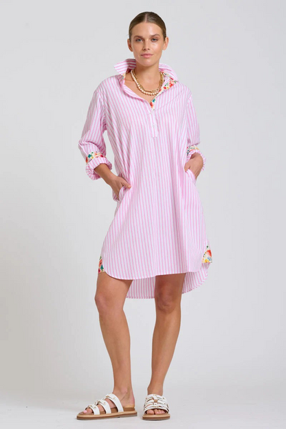 Shirty Popover Shirtdress - White with Pink Stripe Floral Trim