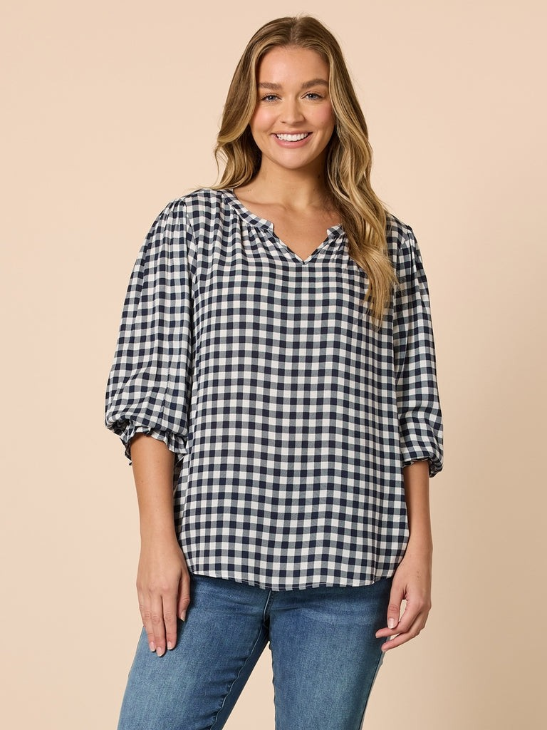 Threadz Gingham Check Print Top - Navy/ Ivory