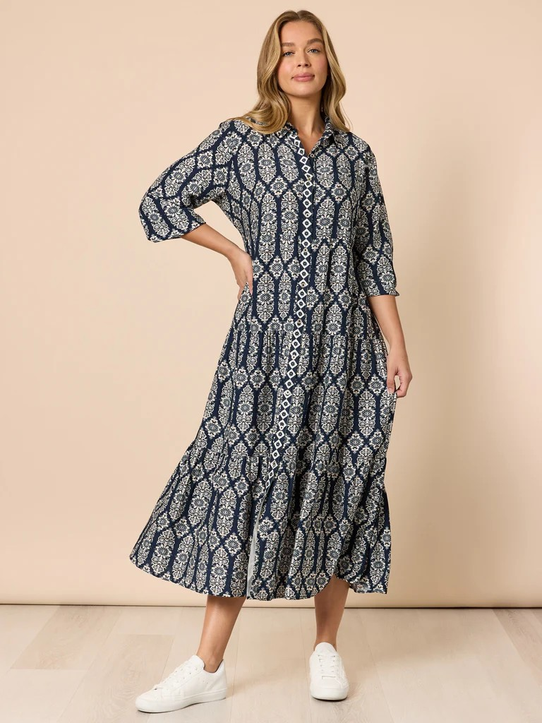 Threadz Lola Print Shirt Dress - Navy/White