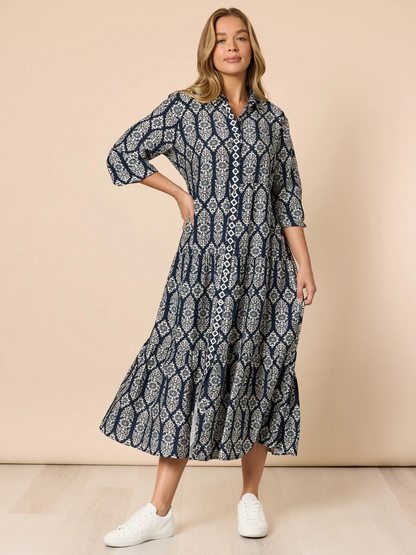 Threadz Lola Print Shirt Dress - Navy/White