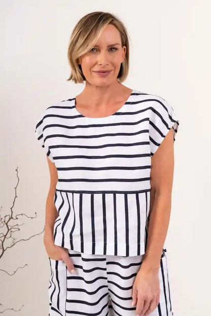 See Saw 100% Linen Cap Sleeve Top - Navy/White Stripe
