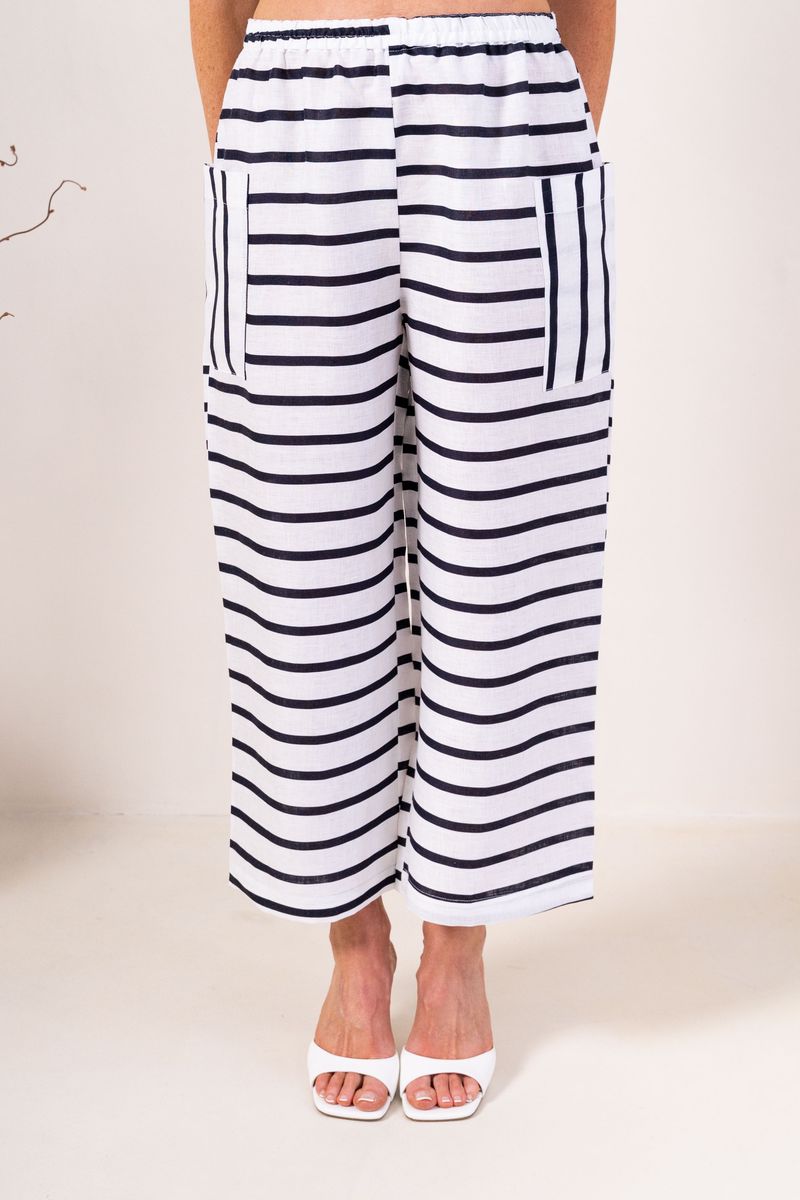 See Saw 100% Linen Elastic Waist - Navy/White Stripe 