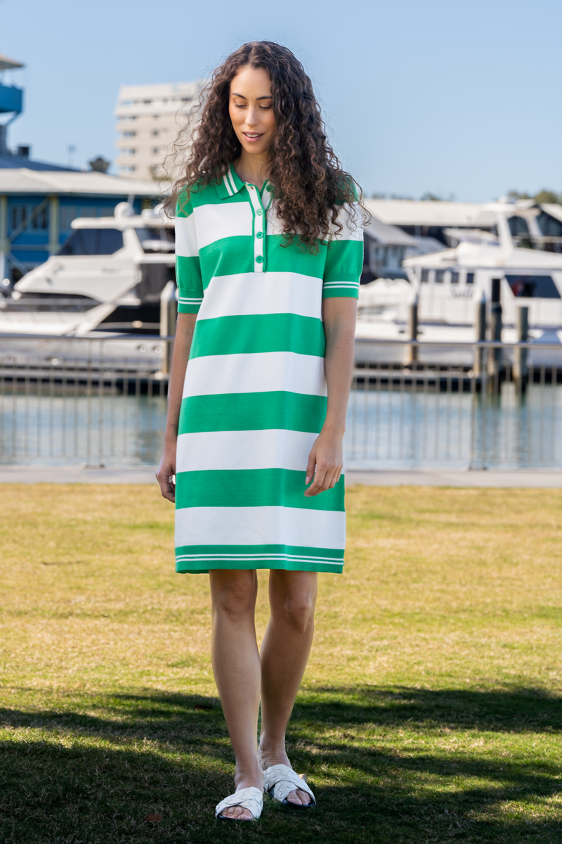 Kaleido Viscose Blend Collared Wide Stripe Polo Dress - White / Palm Green