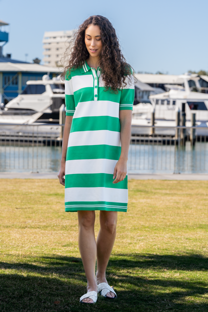 Kaleido Viscose Blend Collared Wide Stripe Polo Dress - White / Palm Green