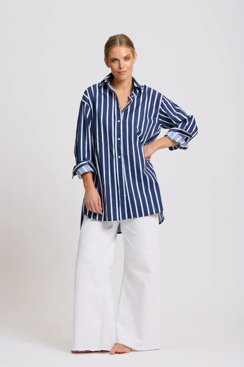Shirty Bobbie Boyfriend Shirt - Navy Thick Stripe