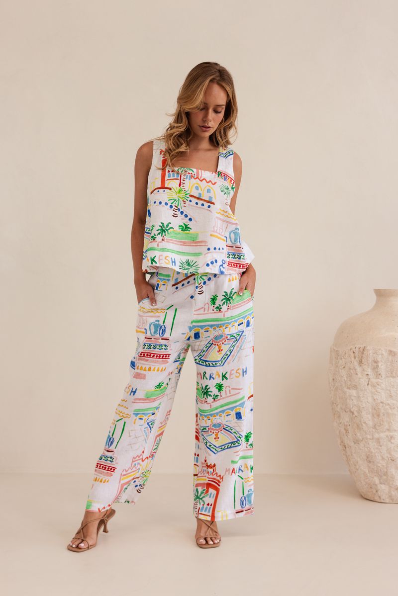 Kaleido 100% Linen High Waisted Wide Leg Pants - Marrakesh