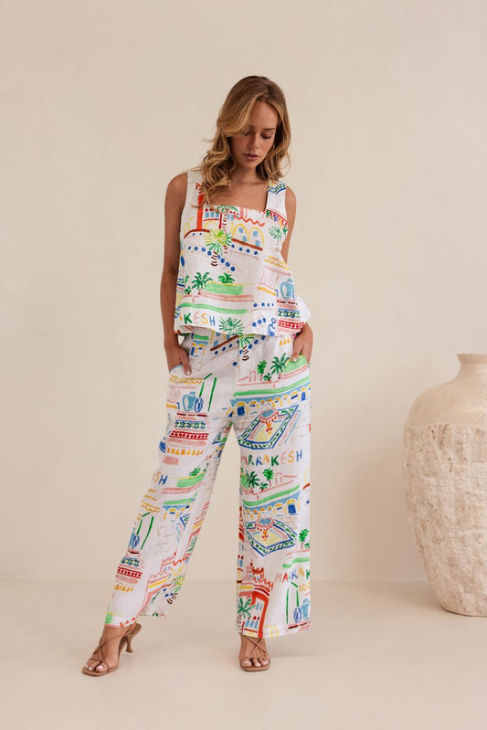 Kaleido 100% Linen High Waisted Wide Leg Pants - Marrakesh