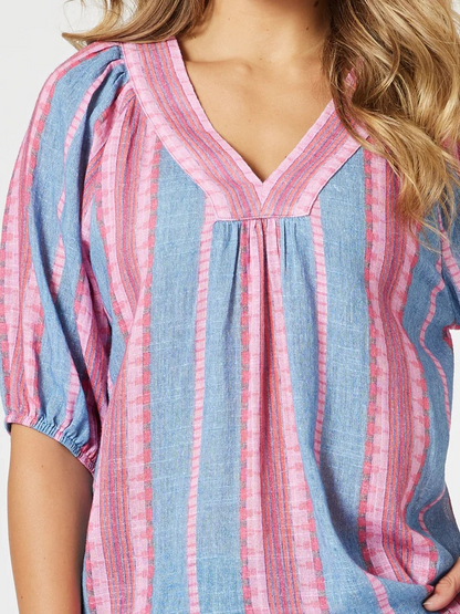 Threadz Bloom Stripe Top Indigo Pink