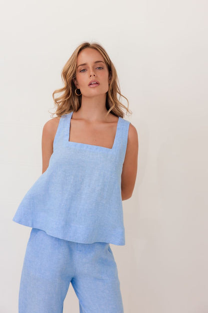 Kaleido 100% Linen Square Neck Tank - Chambray