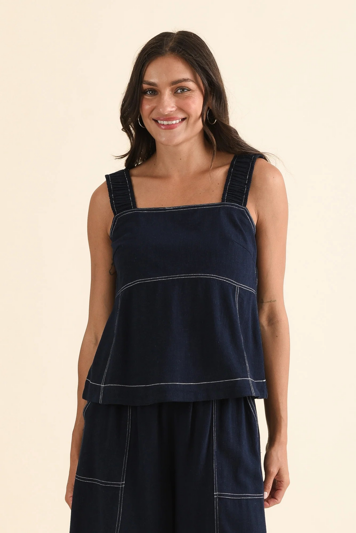 Foxwood Sage Navy Contrast Top with Square Neckline Australia