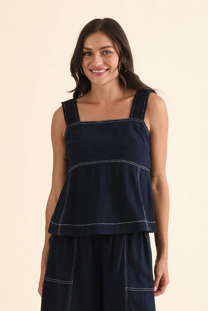 Foxwood Sage Navy Contrast Top with Square Neckline Australia