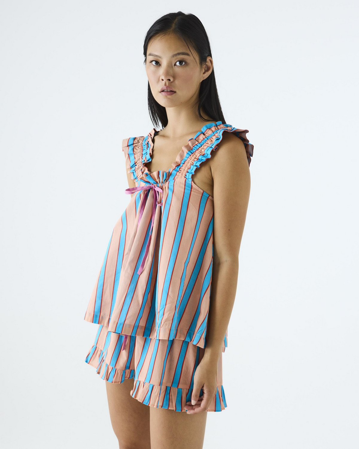 Kip and Co Bon Bon Stripe Blue Cotton Frill Cami & Short Pyjama Set