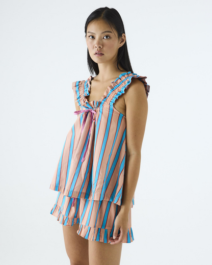 Kip and Co Bon Bon Stripe Blue Cotton Frill Cami & Short Pyjama Set