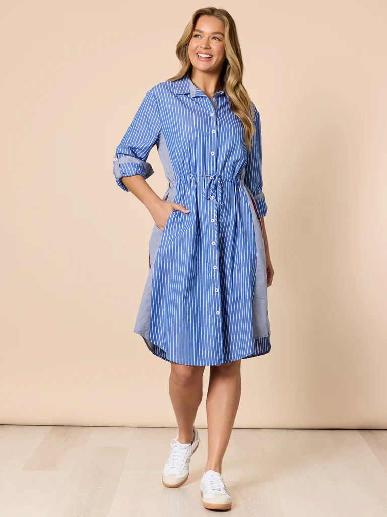 Threadz Cabo Stripe Print Shirt Dress - Blue/ White