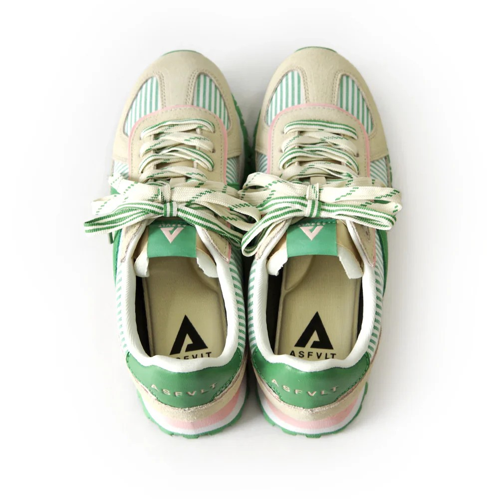 ASFVLT Gate suede and mesh white & green stripe women’s sneaker