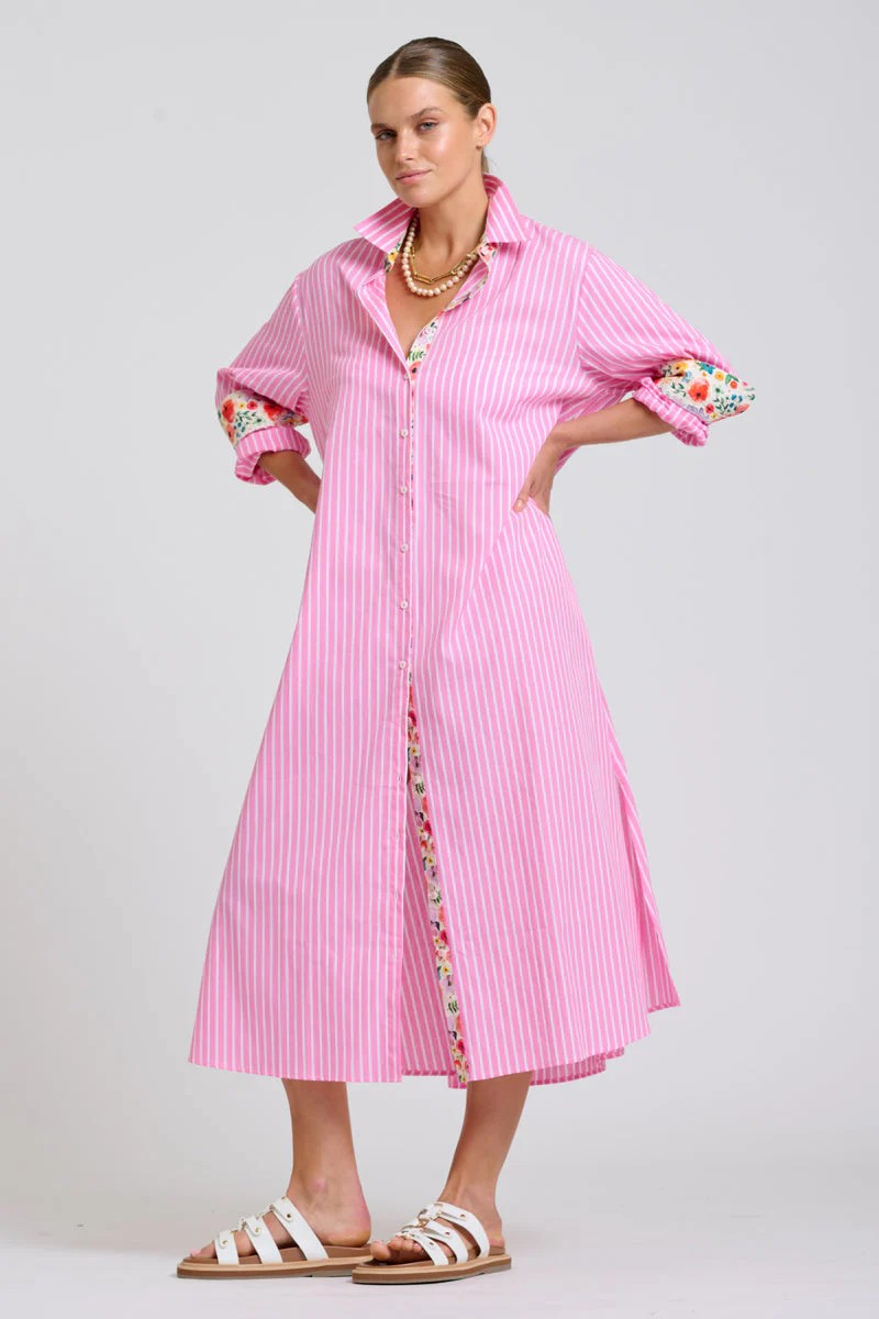 Shirty Luna Oversized Long Line Shirt Dress - Pink Stripe Floral Trim