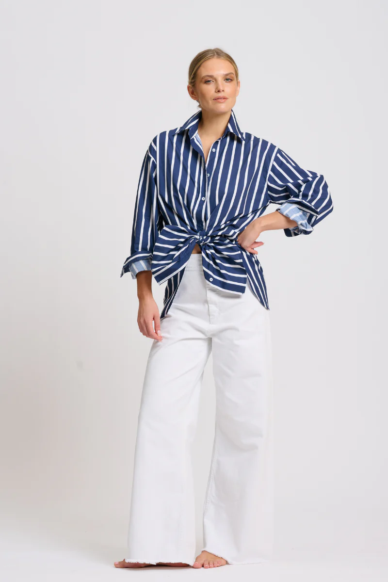 Shirty Bobbie Boyfriend Shirt - Navy Thick Stripe