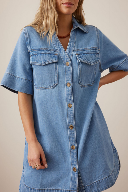 Ceres Life Bonnie Relaxed Shirt Dress - Vintage Blue