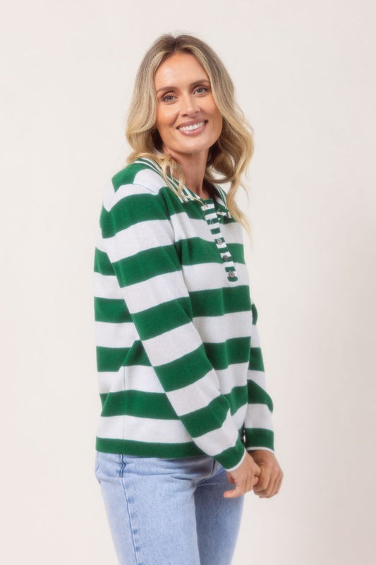 See Saw 100% Merino Wool Polo Striped Sweater Green White