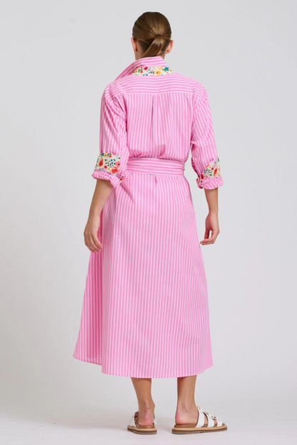 Shirty Luna Oversized Long Line Shirt Dress - Pink Stripe Floral Trim