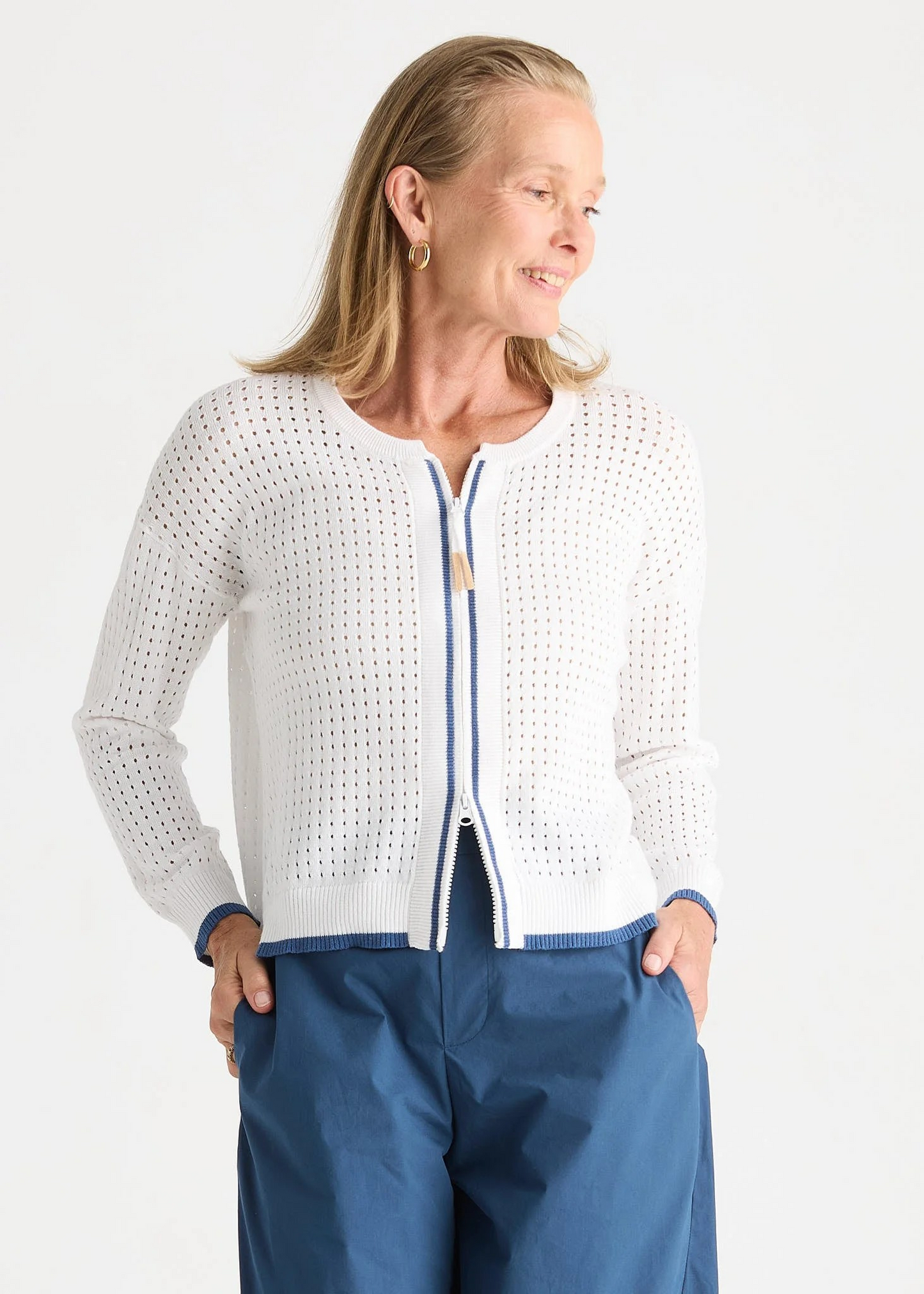Zaket and Plover Pointelle Zip Cardi - White