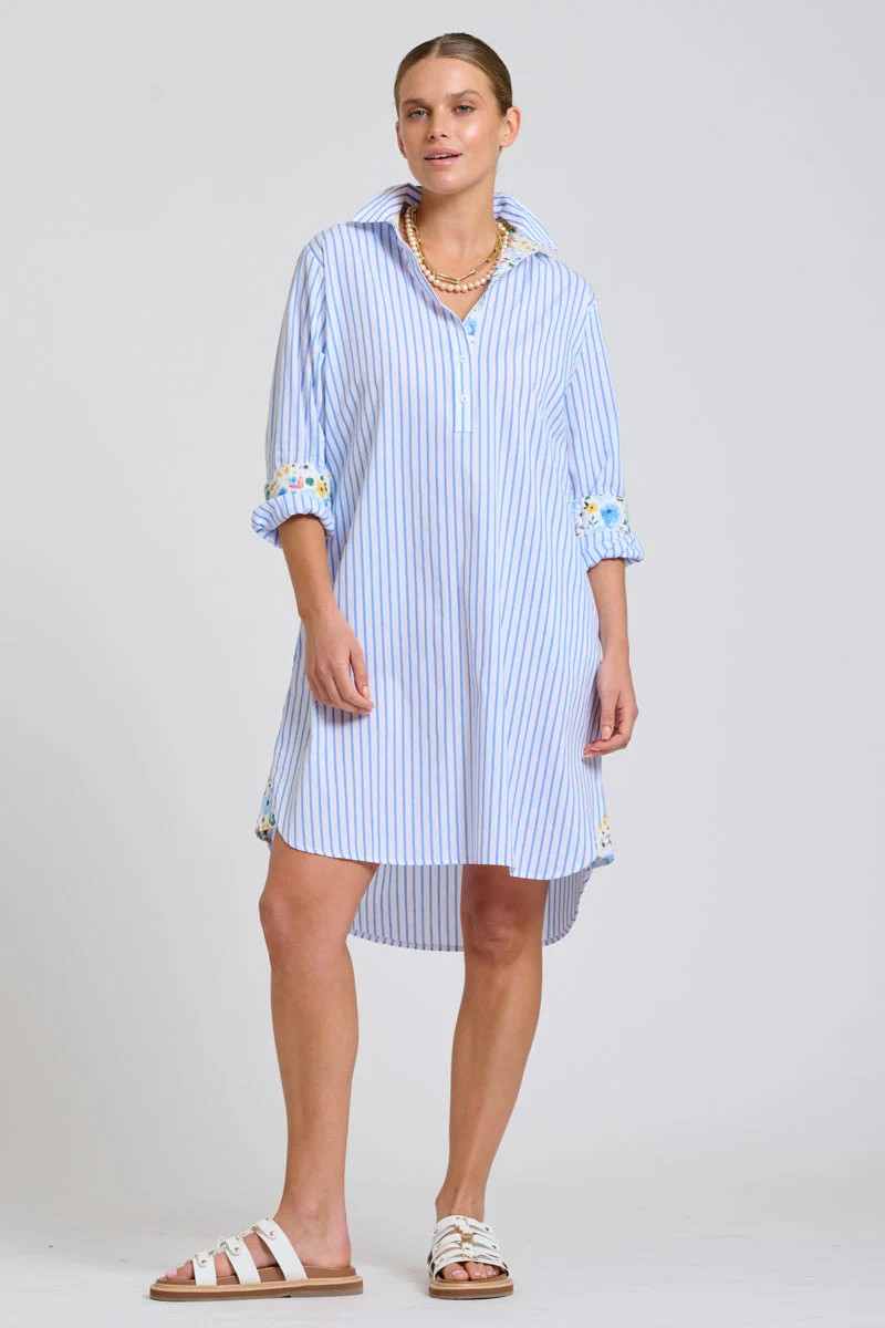 Shirty Popover Shirtdress - White with Blue Stripe Floral Trim