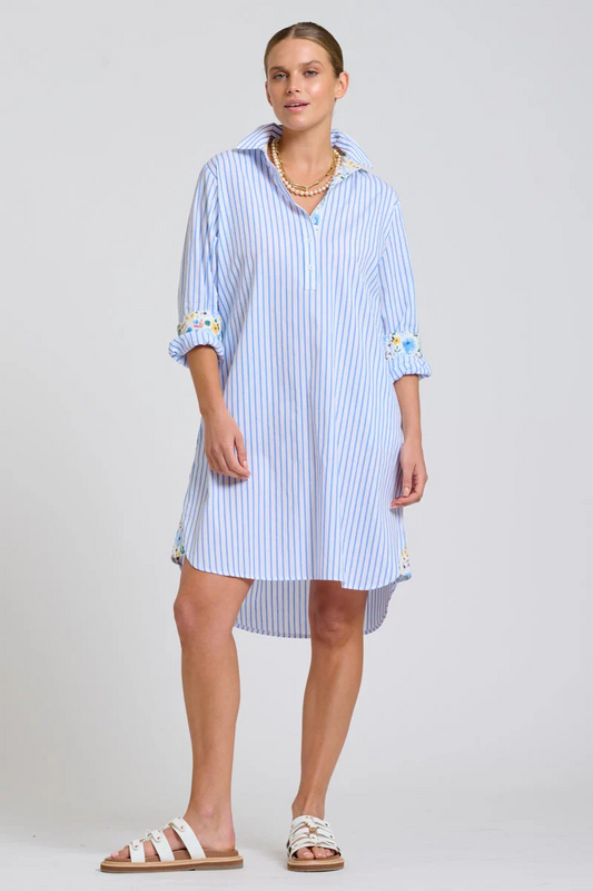 Shirty Popover Shirtdress - White with Blue Stripe Floral Trim