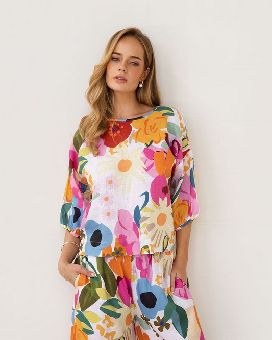 Kaleido 100% Linen Balloon Top - Bloom Burst