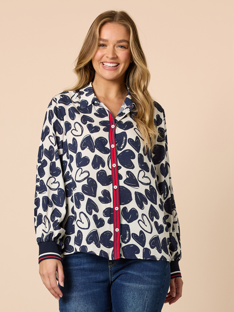 Threadz Luna Heart Print Shirt - Navy/ Ivory