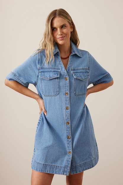 Ceres Life Bonnie Relaxed Shirt Dress - Vintage Blue