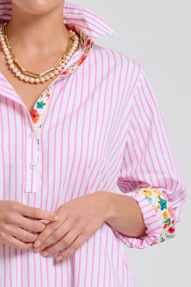 Shirty Popover Shirtdress - White with Pink Stripe Floral Trim
