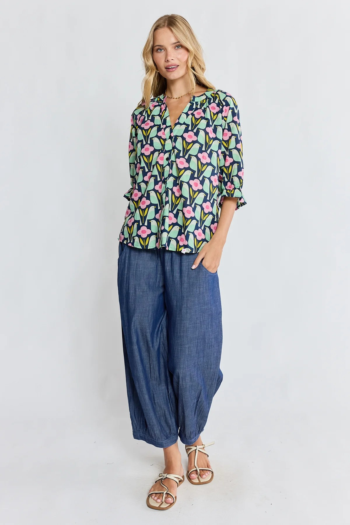Ibisa Maya Navy Top with Floral and Bird Print Australia